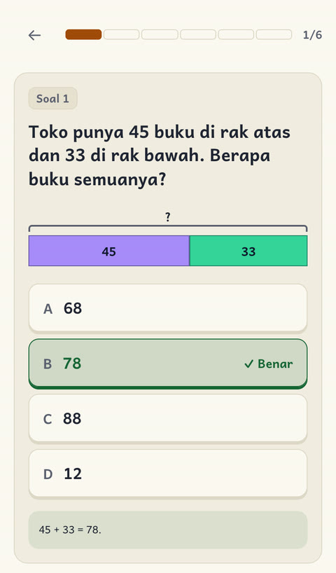 Soal model batang dalam Bahasa Indonesia: Toko punya 45 buku di rak atas dan 33 di rak bawah. Berapa buku semuanya? Jawaban 78 benar.