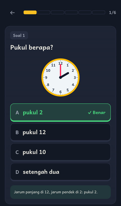 Soal membaca jam Kelas 1 dalam tampilan gelap, jawaban pukul 2 ditandai benar.